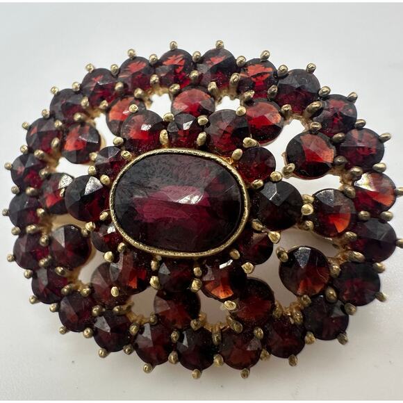 Antique signed solid 9kt gold genuine pyrope bohemian garnets brooch pin 6.39g - Picture 8 of 12